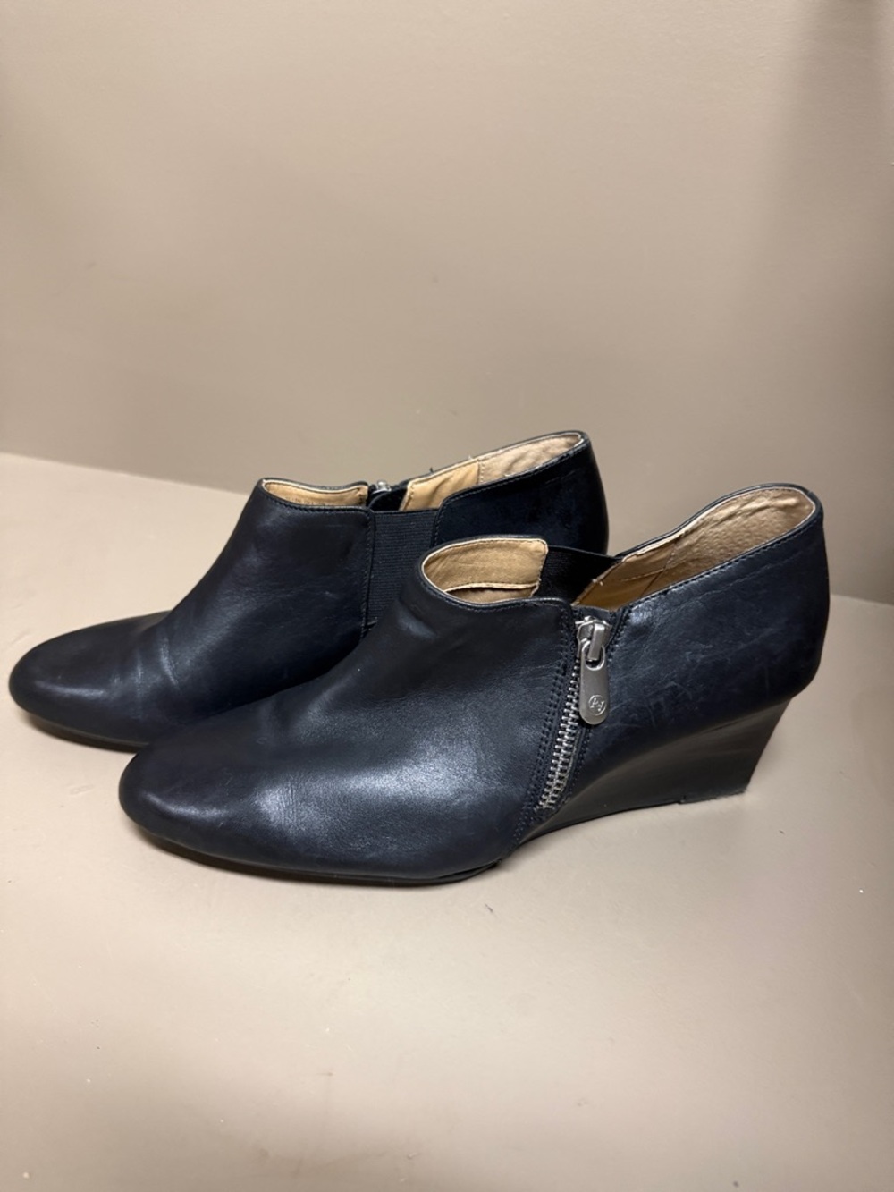 Adrienne Vittadini Midge Black Leather Wedge Ankle Booties - Sleek Zip Detail